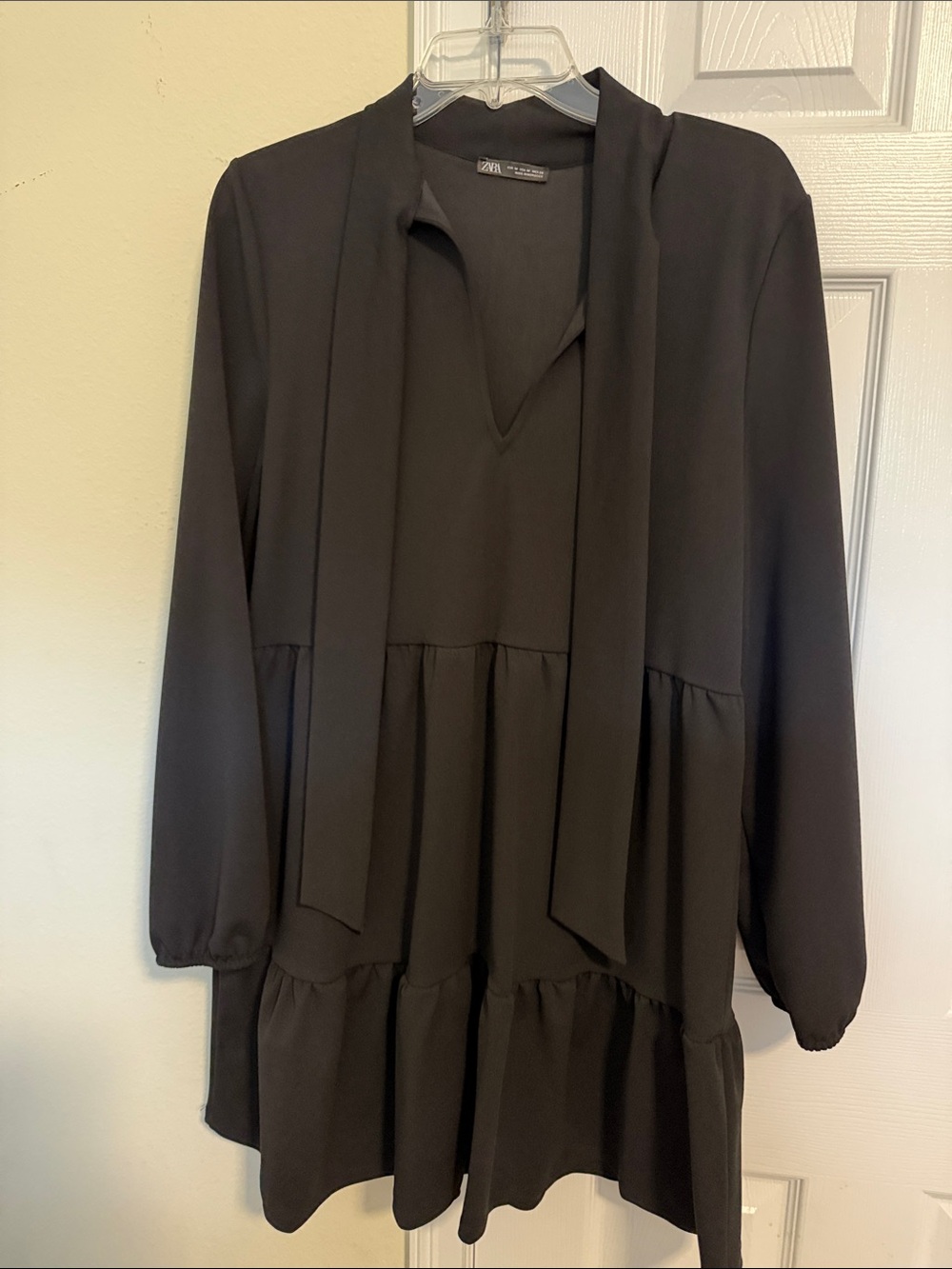 Zara Black Tiered Mini Dress with Neck Tie